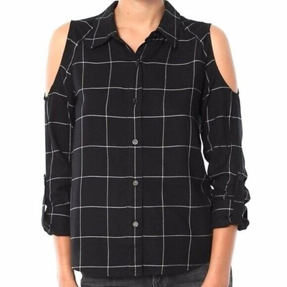 REVOLVE Windowpane Plaid Open Shoulder Top Small Black White Parisian Modern